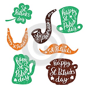 Set of stickers emblems with lettering: leaf clover, beer mug, mustaches, beard, hat , smoking pipe , pot of gold coins.