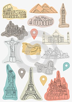 A set of stickers with famous sights of the world\'s cities