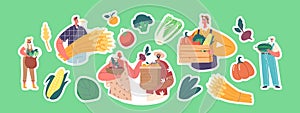 Set Of Stickers Farmers With Crops. Male And Female Rancher Characters With Fresh Agricultural Produce Isolated Patches