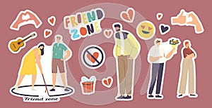 Set of Stickers Friend Zone Theme. Man and Woman in Circle, Broken Heart, Guitar and Hand Gestures, Wrapped Gift