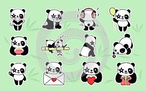 A set of stickers friendly cute panda. Hand drawn vector icon. Illustration in modern style for clothes, print, labels