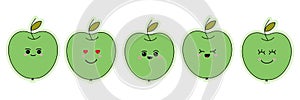 A set of stickers of funny emoticons on a green apple. Funny cartoon emoticons. Vector illustration isolated on white