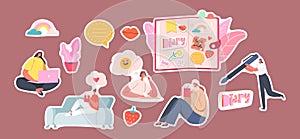 Set of Stickers . Girls Writing Memoirs into Cute Diary. Female Characters with Notebook. Teenagers Sitting on Floor photo