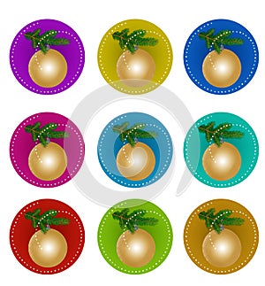 Set of stickers with a golden Christmas ball on a fir branch. Isolated on a white background