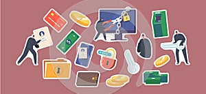 Set of Stickers Hackers And Cyber Criminals Phishing, Anonymous Characters Stealing Private Personal Data, Credentials