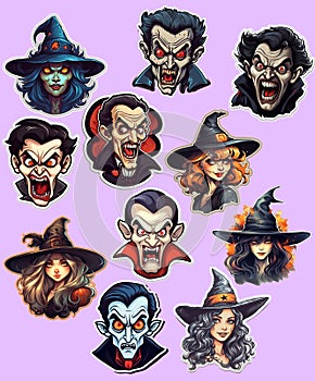 Set of stickers for Halloween with witches and vampires