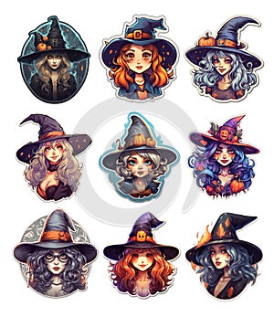 Set of stickers for Halloween with witches on white background