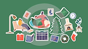 Set of Stickers Happy Family Characters Parents and Kids Reading Christmas Stories Enjoying Books Patches Pack