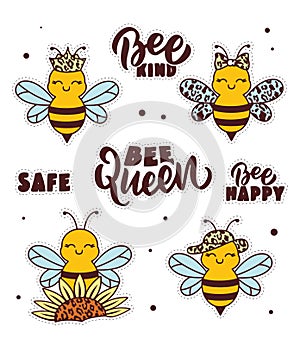 The set of stickers for Happy World Bee day. Hand-drawn collection