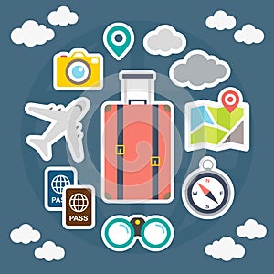 Set of stickers icon, Traveler accessories, Vacation elements, Journey in holidays, Flat style vector illustration.