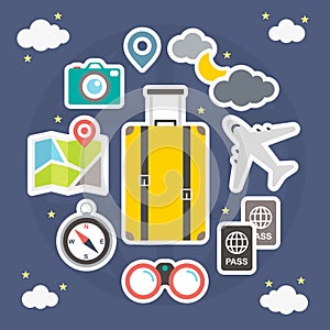 Set of stickers icon, Traveling on airplane, Vacation time, Journey in holidays, Flat style vector illustration.