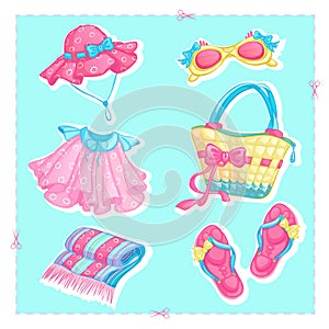 Set of stickers icons of summer beach accessories.