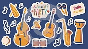 Set of Stickers Instruments for Playing Latino Music. Contrabass, Guitar, Drums, Saxophone and Tambourine