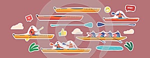 Set of Stickers Kayaking, Canoeing or Rafting Sport. Sportsmen Rowing in Kayaks, Extreme Activity, Water Sports Games