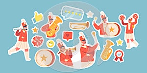 Set of Stickers Kids Band In Red Uniform Marching on Parade. Girls And Boys Play Music With Drum, Brass Horn, Flute