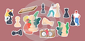 Set of Stickers Kids Playing Chess in Club, Little Children with Huge Figures on Chessboard Logic Activities and Game