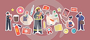 Set of Stickers Kids Profession Policeman, Firefighter and Doctor with Scientist, Teacher and Businessman Characters