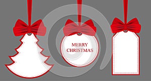 Set stickers and labels with red bows. Holiday Christmas or New Year symbols. Vector