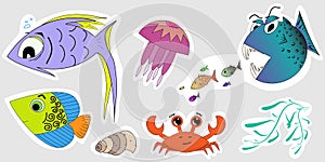 A set of stickers of marine inhabitants. Baby illustrations of fish, crab, jellyfish, seaweed, seashells.