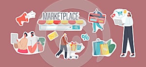 Set of Stickers Marketplace Retail Business Theme, Online Shopping, Digital Shop App or Pc Browser. Buyers Purchasing