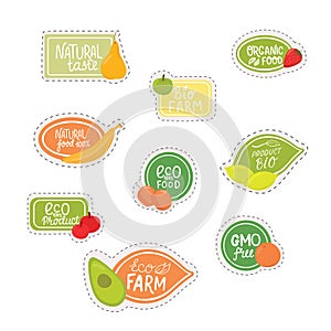 Set stickers for natural, organic fruits with hand written sign - eco food, bio product, natural taste, eco farm, gmo