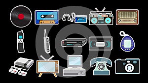 Set of stickers of old retro vintage antique hipster mobile phones, tv, audio recorder, player, audio tape, video tape, video