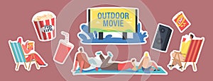 Set of Stickers Outdoor Movie, Open Air Cinema Theme. Characters Sitting on Ground front of Big Screen Watching Film