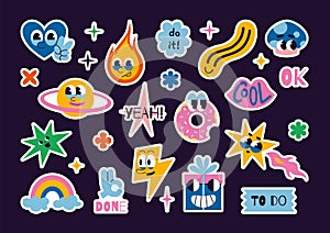 Set of stickers for planner and diaries, vector flat illustration. Comic groovy characters such as heart, emoji and