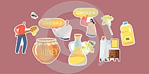 Set of Stickers Rapeseed Canola Oil and Honey Theme. Characters with Omega Capsules, Glass Jug and Jar with Products