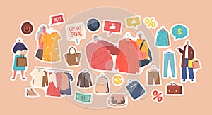 Set of Stickers Senior People Choosing Fashioned Dress in Store, Aged Man and Woman Buying Garment, Hanger with Clothes