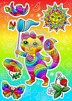 Set of stained glass stickers on the theme of summer with a cute cartoon kitten, bright stickers on a  background with flowers an