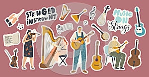 Set of Stickers Stringed Instruments Theme. Musician Characters Playing Music on Violin, Harp, Guitar or Balalaika