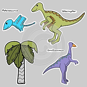 Set of stickers stylized dinosaur and tree photo