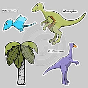 Set of stickers stylized dinosaur and tree photo