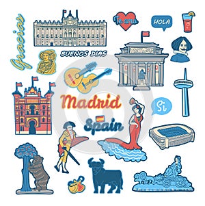 Set of stickers with symbols and landmarks of Spain