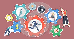 Set of Stickers Team Productivity, Efficiency. Male and Female Characters Moving Huge Gear Mechanism. Businesspeople