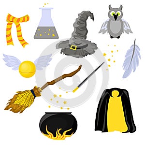 Set of stickers on the theme of Harry Potter and Magic. Hogwarts. School of magic. Mantle of Invisibility photo