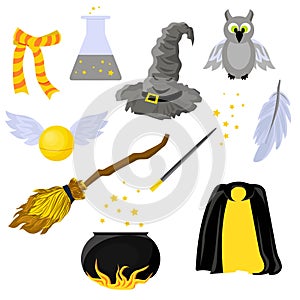 Set of stickers on the theme of Harry Potter and Magic. Hogwarts. School of magic. Mantle of Invisibility
