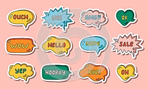 Set of stickers with trendy speech bubbles with hand drawn talk phrases in different shapes. Online chat clouds with Ok