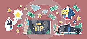 Set of Stickers VIP Card, Celebrity Lifestyle. Luxury Characters with Gold Cards Get Premium Service, Woman with Dog