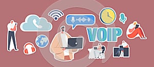 Set of Stickers VOIP Technology, Voice over IP Concept. Characters Use Telephony, Telecommunication System via Cloud