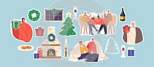 Set of Stickers Young Loving Couple Celebrate Christmas, Sitting at Table, Drinking Tea, Chatting, Watch Movie on Laptop