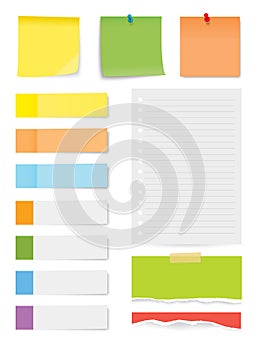 Set of sticky note and torn paper sheets isolated background.