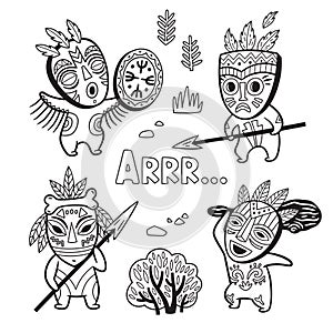 Set of stone age tribe people in masks. Coloring page photo