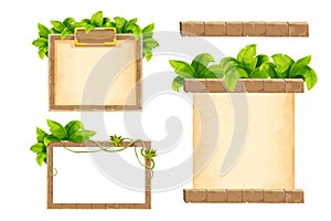 Set Stone brick frame border with old parchment jungle decorated with tropical leaves ancient medieval in cartoon style