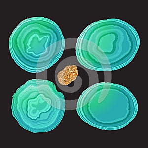 Set Stone slice trendy sea green color. Round, oval, heart shape. Vector illustration isolated on black