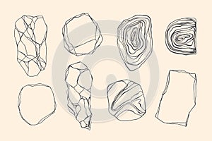 Set of stones with edges, shapes, marble, granite, geodes. Line art style. Black and white grunge crack, curls, waves.