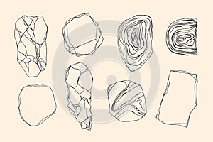 Set of stones with edges, shapes, marble, granite, geodes. Line art style. Black and white grunge crack, curls, waves. photo