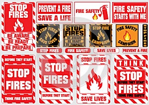Set of stop fire symbols (be aware, be ready, be prepare, save lives, fire safety, prevent fire, campaign)