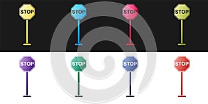 Set Stop icon isolated on black and white background. Traffic regulatory warning stop symbol. Vector